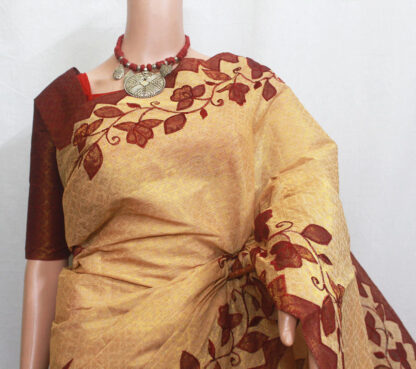 chandan colored aplick saree, off white aplick saree, cream color saree