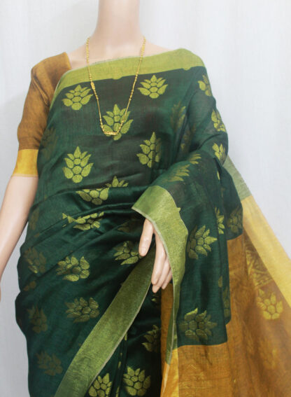 bottle green linen banarasi saree, linen jamdani sari, brown linen banarsi, pure linen saree, best linen sari, organic linen saree