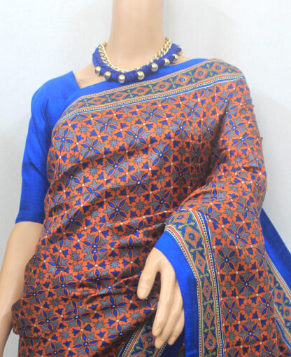 ajrak printed Pure Silk Saree, screenprint pure silk saree, leaf motif pure silk saree, best pure silk sari, digital printed pure-silk sari