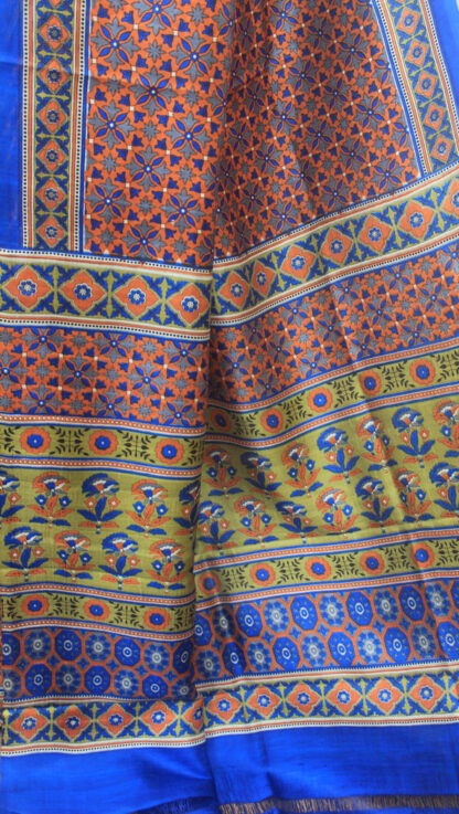 ajrak printed Pure Silk Saree, screenprint pure silk saree, leaf motif pure silk saree, best pure silk sari, digital printed pure-silk sari