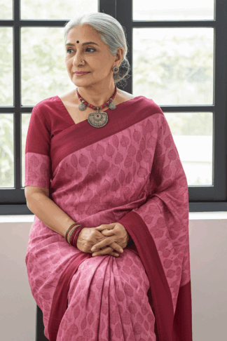 pink block printed tussar saree