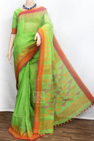 green linen jamdani saree, zari border linen jamdani saree, green linen jamdani, jamdani border linen saree, green linen sari
