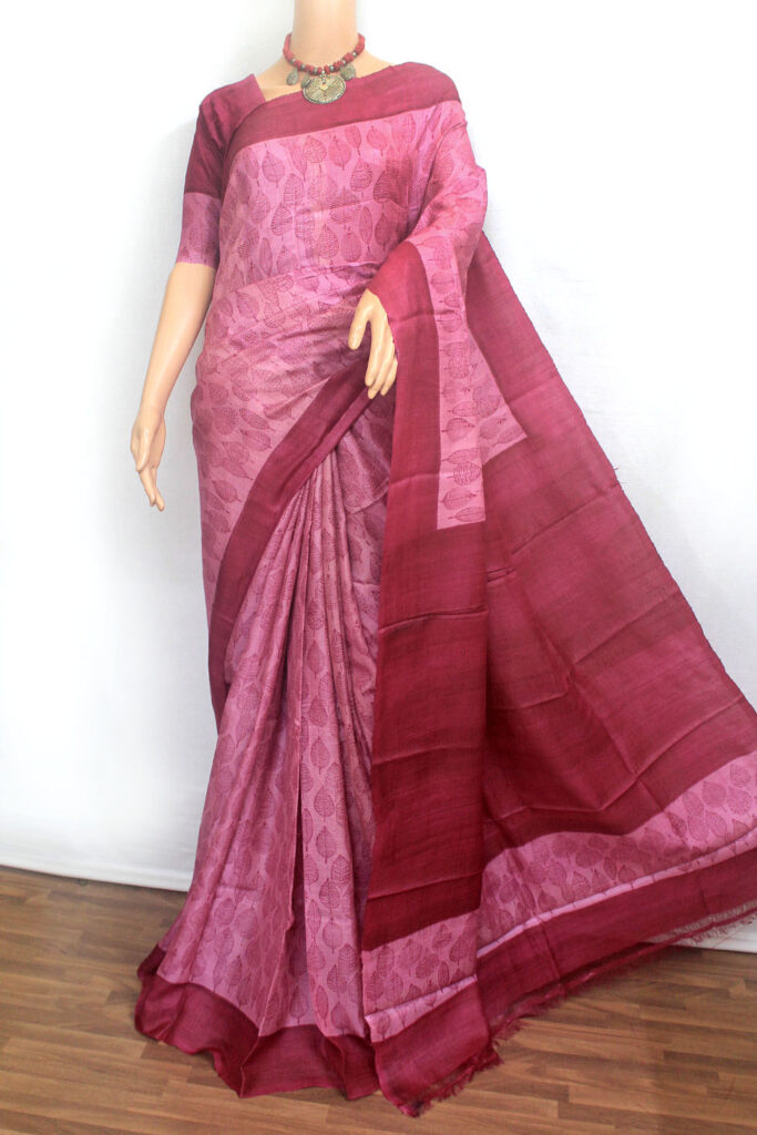 Tussar Silk Saree with Colorblocked Peacock Print