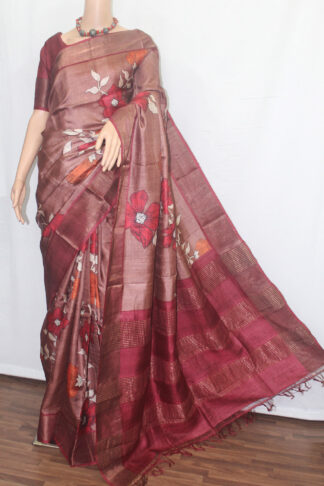 floral printed tussar saree, tusar silk saree, bengali saree
