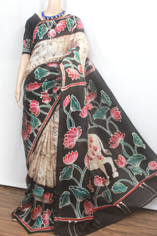 Off-white color-based body with crack batik and lotus with leaves motif hand-painting  border and pallu of the  saree makes you beautiful, attractive and they have a fantastic fall.