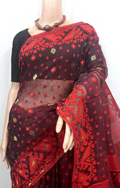 red-black soft dhakai jamdani saree, black red saree