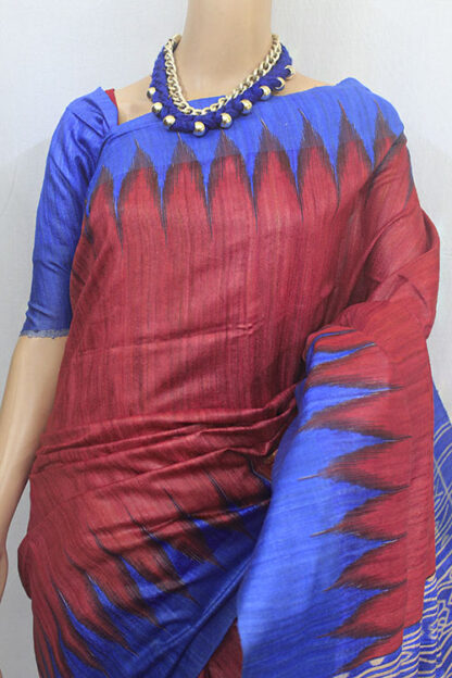 red and blue ghicha saree, tussar silk saree