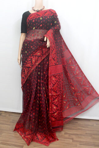 red-black soft dhakai jamdani saree