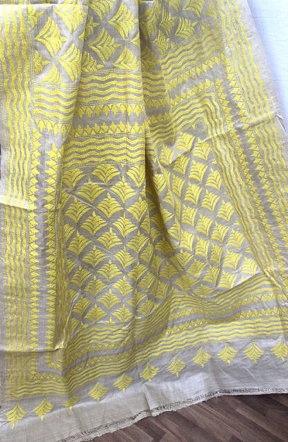 yellow hand kantha stitch saree