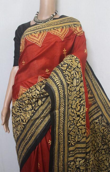 temple border kantha stitch pure silk saree