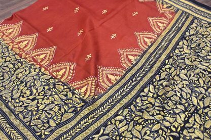 temple border kantha stitch pure silk saree