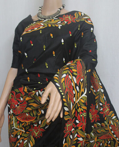 black pure Bangalore silk kantha stitch saree