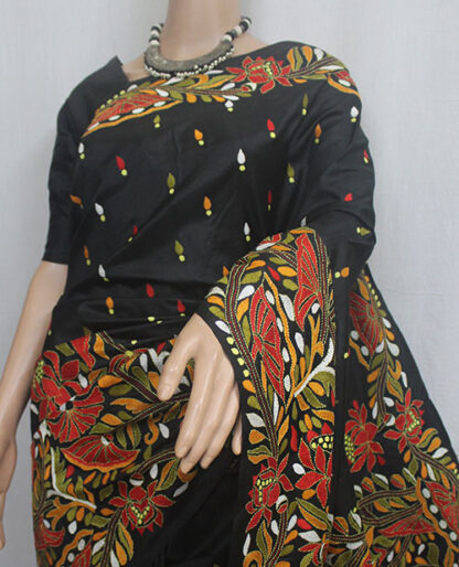 black hand kantha pure silk saree