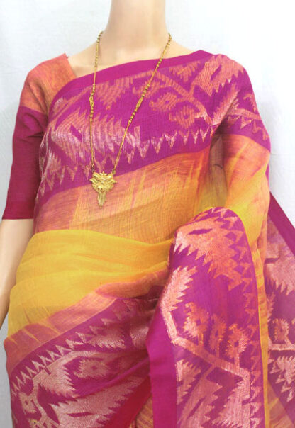 magenta and yellow linen saree