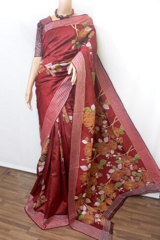 Bangalore silk hand kantha stitch saree