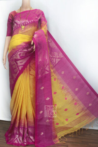yellow-pink linen jamdani saree, pink and yellow linen saree