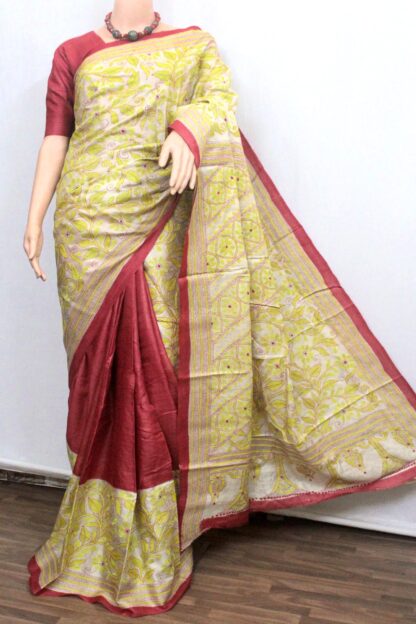 Desi tussar silk hand kantha stitch saree