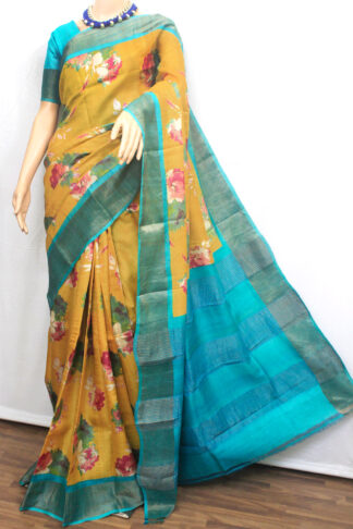 yellow-blue printed tussar silk saree, yellow color-based with floral printed body with blue zari border, pallu and blouse piece, floral printed zari border tussar silk saree