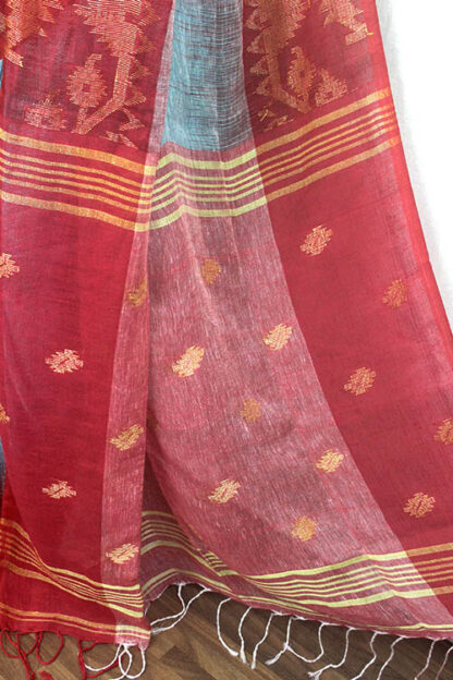 red and blue linen saree