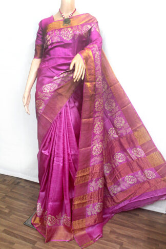 hand block printed tussar saree, rose motif tussar silk saree