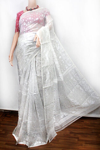 white-silver soft jamdani saree with blouse piece