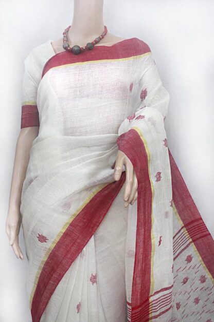 red border white linen saree