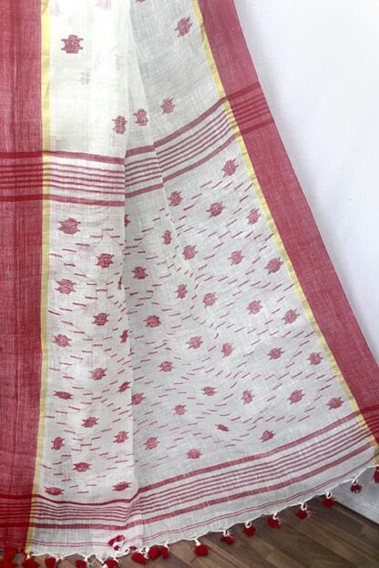 white-red linen saree