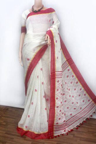 red-white linen jamdani saree with blouse piece