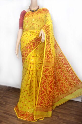 yellow-red soft dhakai jamdani saree, red-yellow saree with red blouse piece