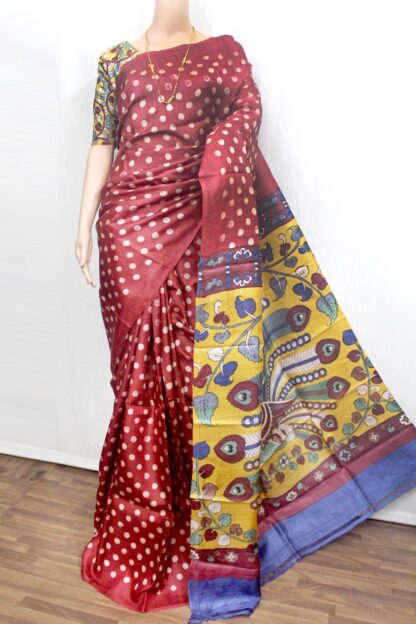 maroon polka-dots tussar silk saree