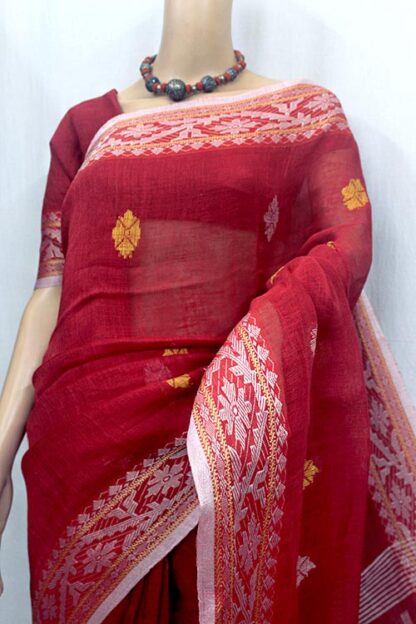 red-white linen saree