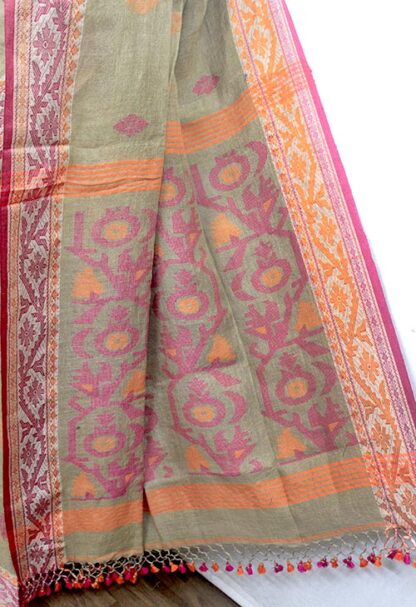 orange pink linen jamdani saree