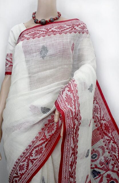 white-red linen saree
