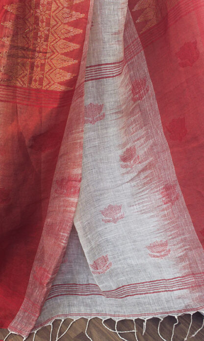 white and red linen saree