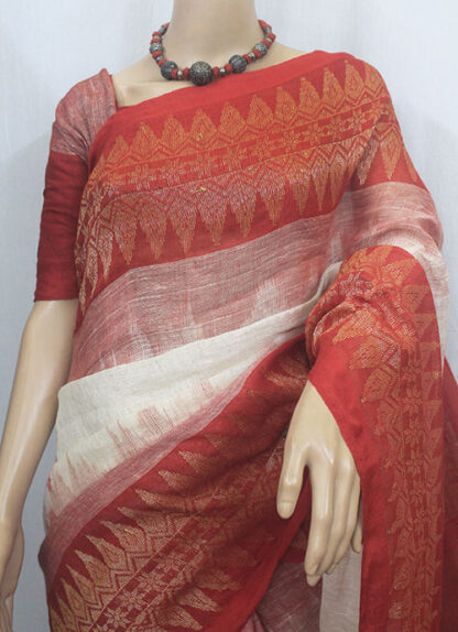 red white linen saree