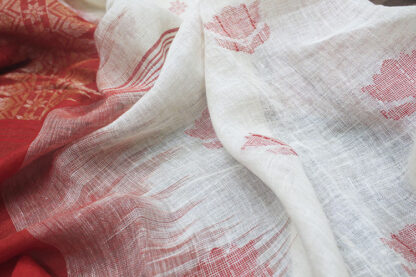 red and white linen saree