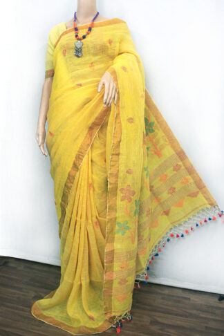 yellow linen jamdani saree