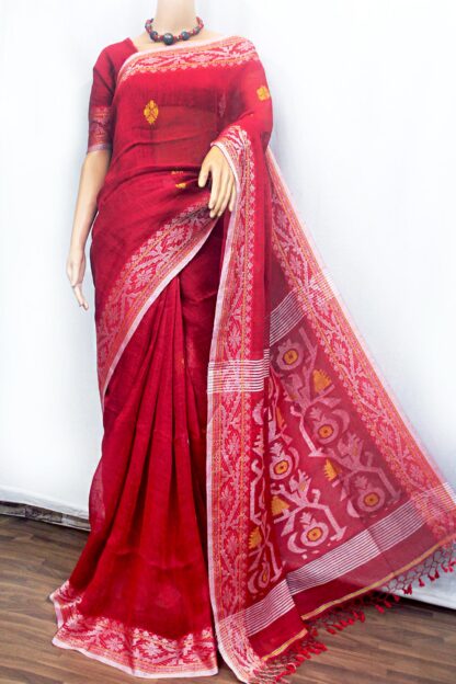 red linen jamdani saree, red linen saree