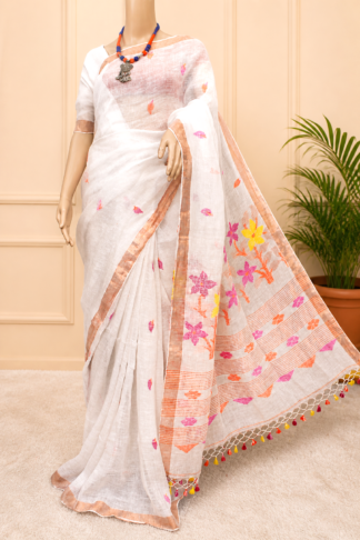 White Linen Jamdani Saree (TL0339)