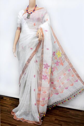 pink and yellow flower jamdani woven pallu white linen jamdani saree