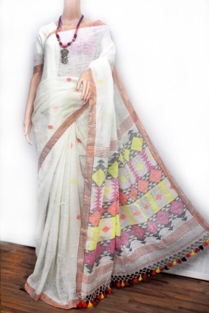 white linen jamdani saree