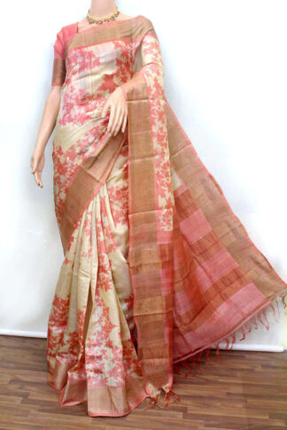 printed zari border tussar saree. tussar silk saree, zari-border tussar silk saree