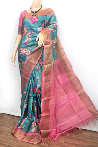floral printed zari border tussar silk saree