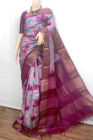 printed zari-border tussar silk saree