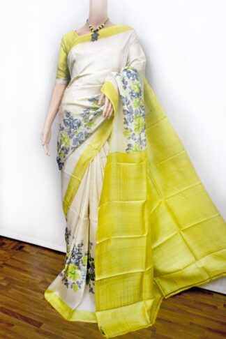 white-yellow printed without zari border tussar silk saree, plain tussar saree