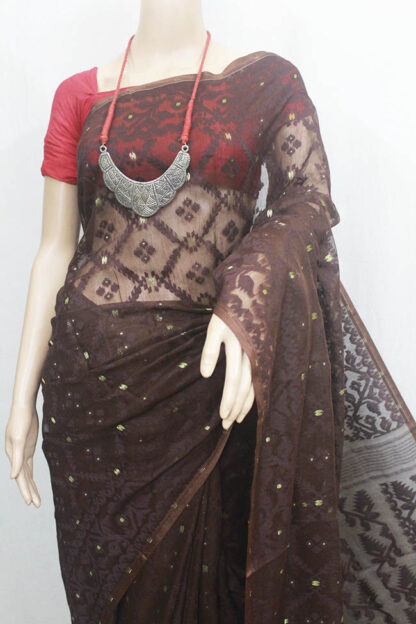 Chocolate Brown Self Soft Jamdani Saree (TD0708) - Image 2