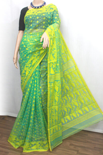 This green body with golden and yellow -color flower buttas all over the body, yellow leaf motif jamdani border and pallu make the saree unique and attractive. This is a perfect family occasional and festive wear saree.