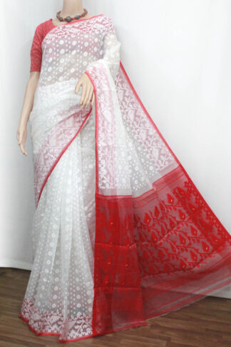 This white-based body with a red leaf motif border, and pallu soft dhakai jamdani saree make you beautiful, and attractive and have a fantastic fall.