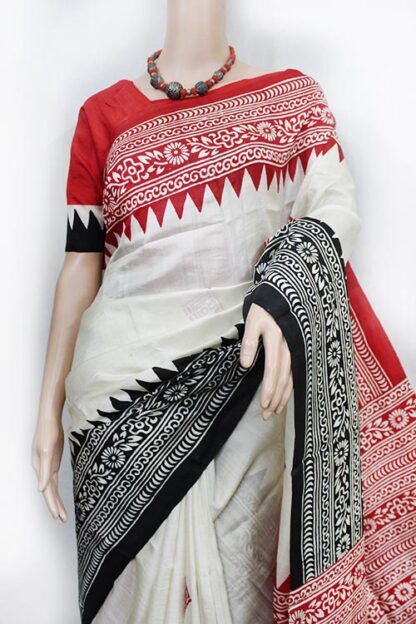 Ganga-Jamuna border hand-block printed pure silk saree