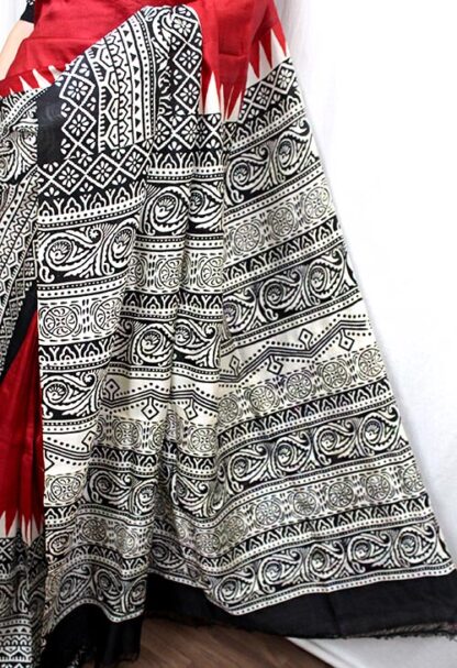 hand printed pure silk saree, red and black saree
